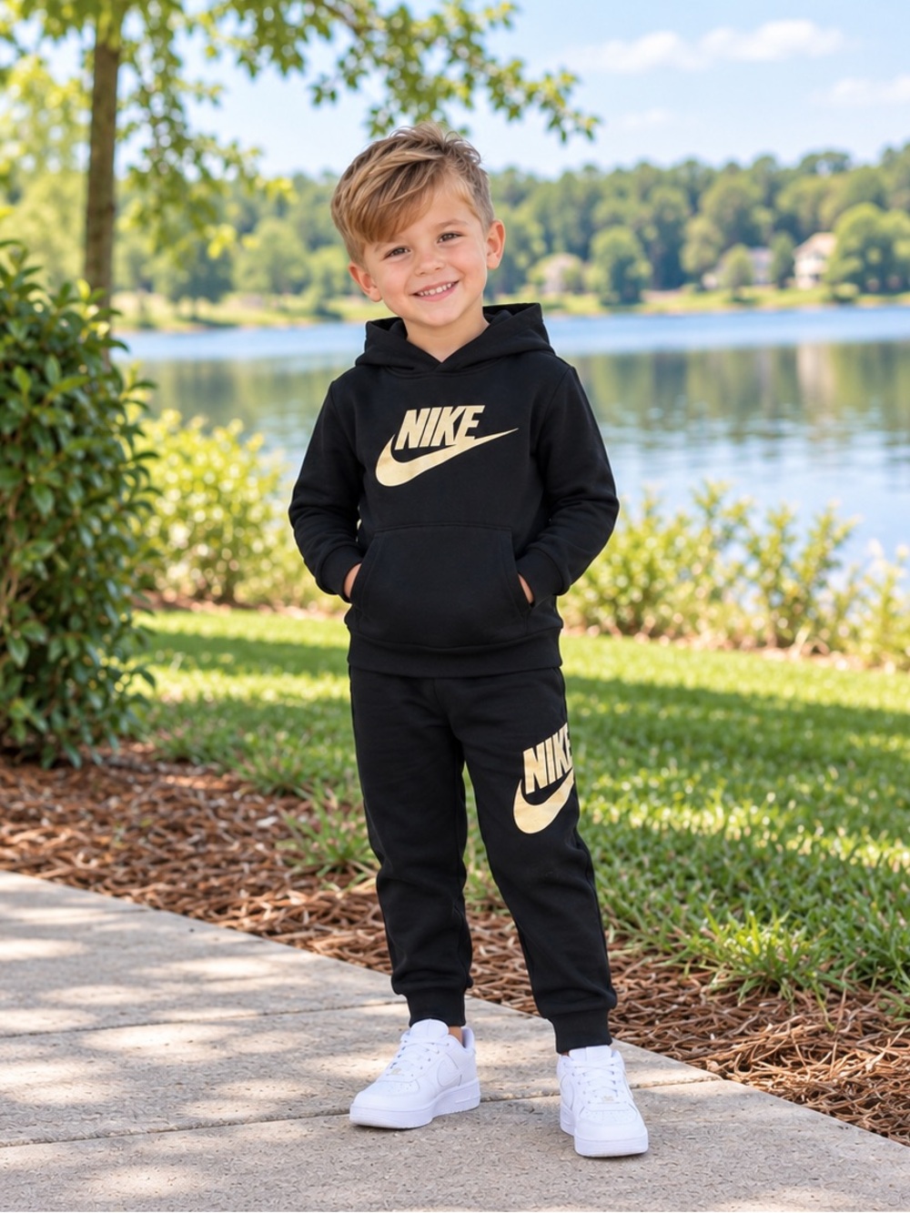 Nike 2 Piece Set Hoodie & Jogger Pants Black With Gold Logo Boys Size 4